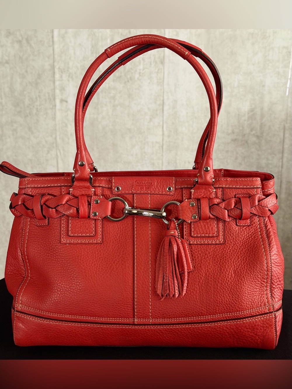 Coach Hampton F13084 Orange Leather Braided Belt Zip Top Tote Carryall HandBag